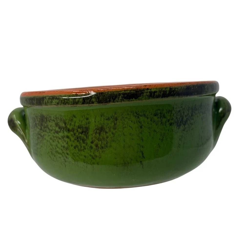 Vintage De Silva Italy Green Terracotta Soup Bowl Crock w Handles Majolica